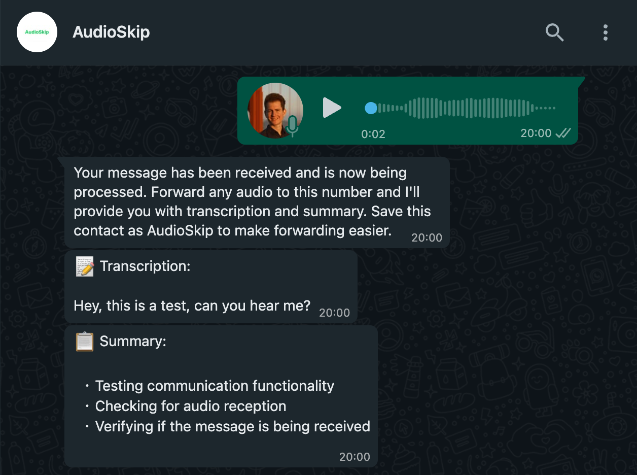 AudioSkip WhatsApp Bot Demo